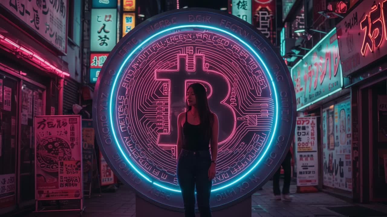 Illuminated by Neon Lights, a Young Woman Stands Confidently in Front of a Giant Bitcoin Symbol amidst the Vibrant Atmosphere of a Bustling City Street