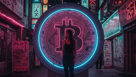 illuminated by neon lights, a young woman stands confidently in front of a giant bitcoin symbol amidst the vibrant atmosphere of a bustling city street