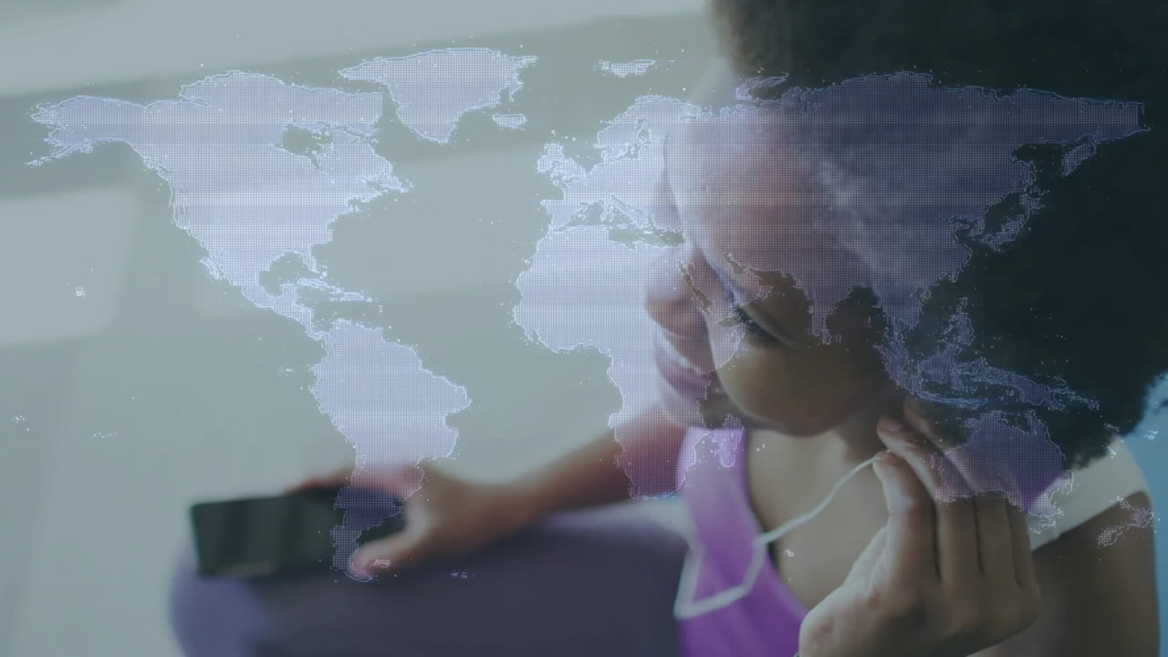 woman listening earphones, holding smartphone indoors with world map overlay for tech presentation