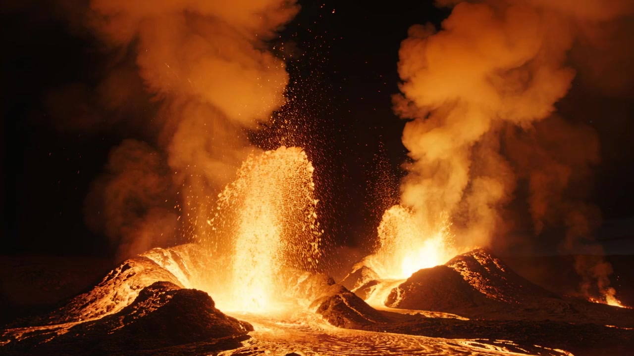 Erupting vents initiating lava fountains and intensifying jets at night, producing ash plumes