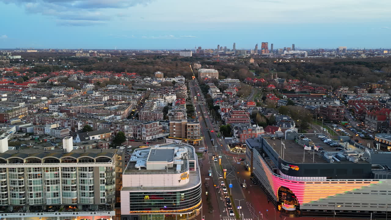 The Hague, Netherlands - November 21, 2024: Aerial drone view of the city in the evening