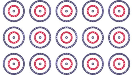 animation of rows of circles spinning with american flag stars and stripes over white background