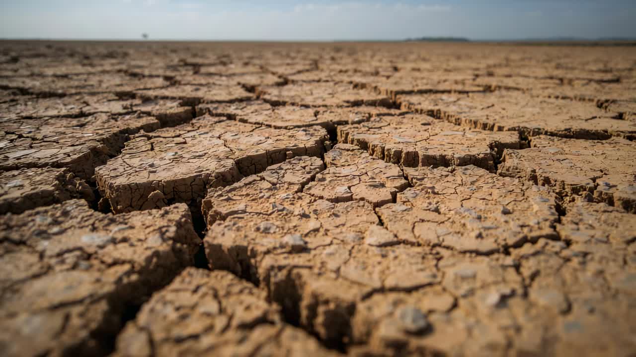 Lenta carrellata iniziale, la camera rivela delle zolle di terra secca e screpolata su una spiaggia desertica, evidenziando le fessure