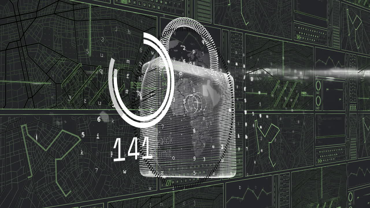 Digital lock and data processing animation over complex network of graphs and maps