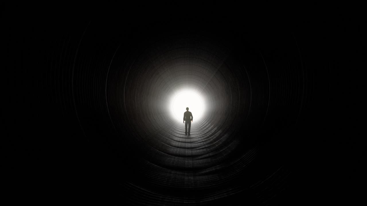 Silhouette Of Man Walking Towards Light In Dark Tunnel
