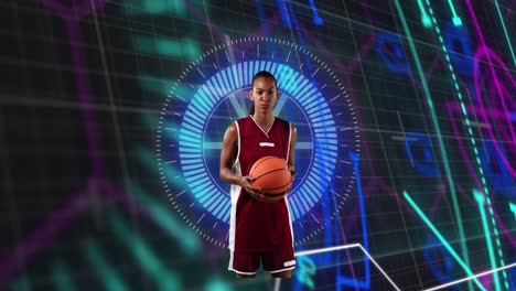 Animation-of-african-american-female-basketball-player-over-scope-scanning-on-black-background