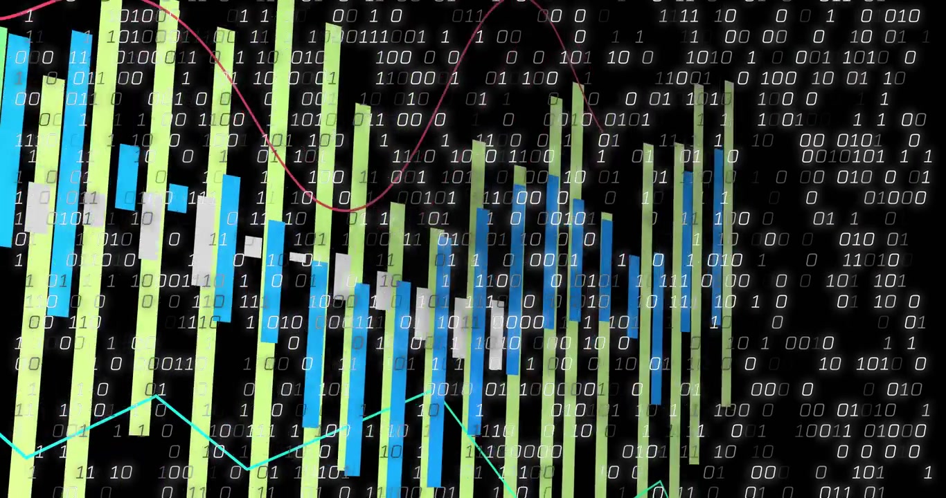 Binary digits drifting causing bars growing and shrinking while lines tracking market trends