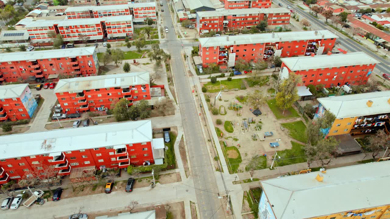Drone fly above Suburbs of Santiago de Chile, Aerial Drone at San Miguel Museum open air South American Buildings