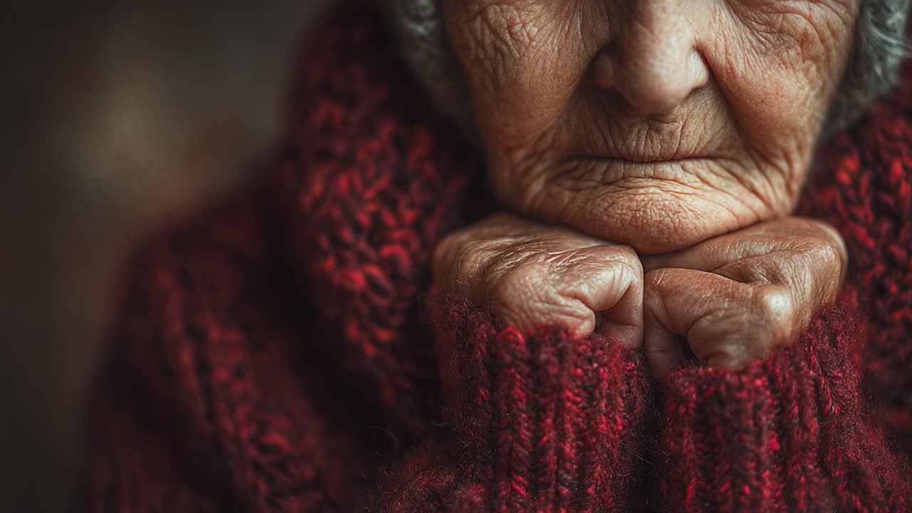 Riflessi del tempo: ritratto intimo di un'anziana signora che indossa un comodo maglione rosso, persa nei suoi pensieri con un'espressione pensosa e mani segnate dal tempo