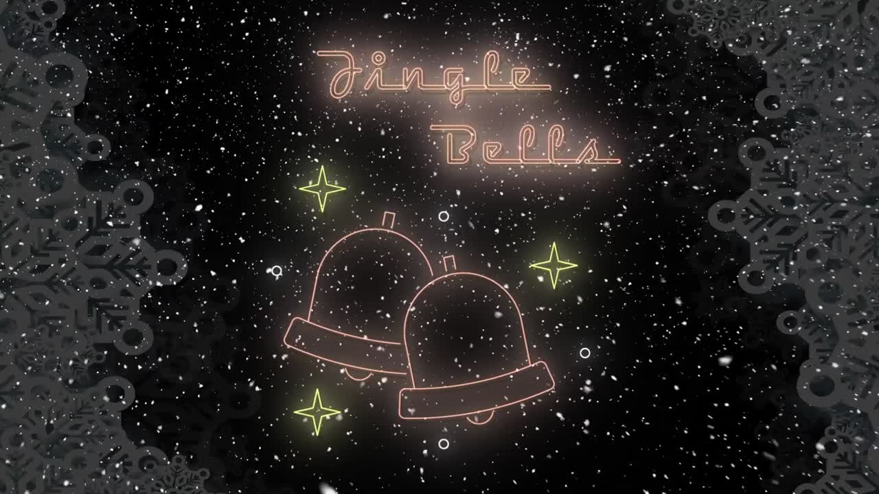 크리스마스 때 종과 눈이 떨어지는 jingle bells 텍스트의 애니메이션
