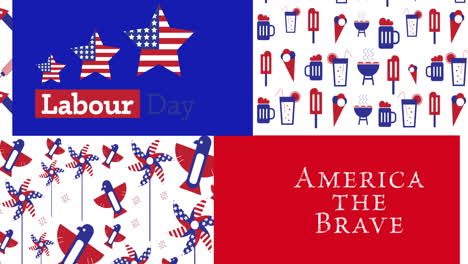 animación del texto del día del trabajo con iconos coloreados con la bandera estadounidense