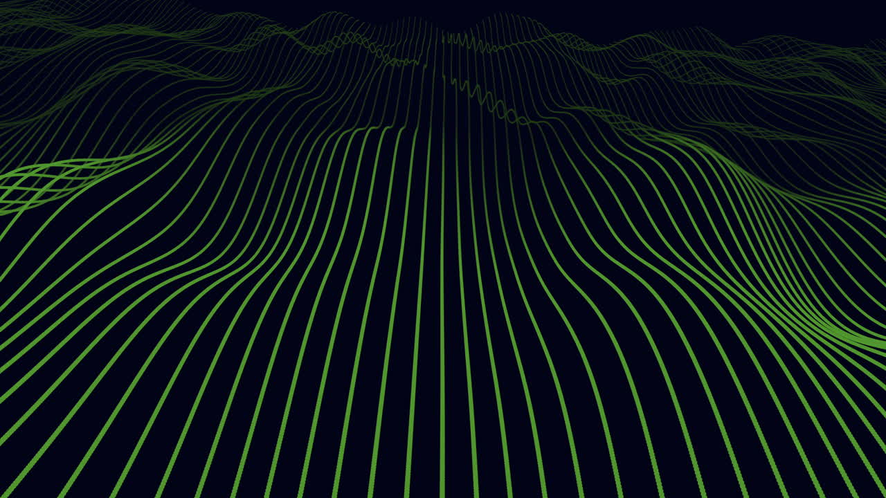 Abstract green digital landscape made of flowing grid lines on a dark background, evoking data waves, futuristic terrain and technology concepts for modern presentations and motion design