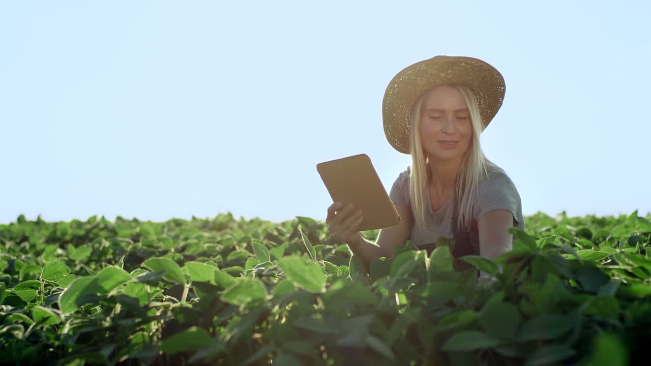 hermosa joven sentada en el campo verde y revisando la cosecha y las hojas verdes mientras ve algo en la tableta, luego sonríe a la cámara