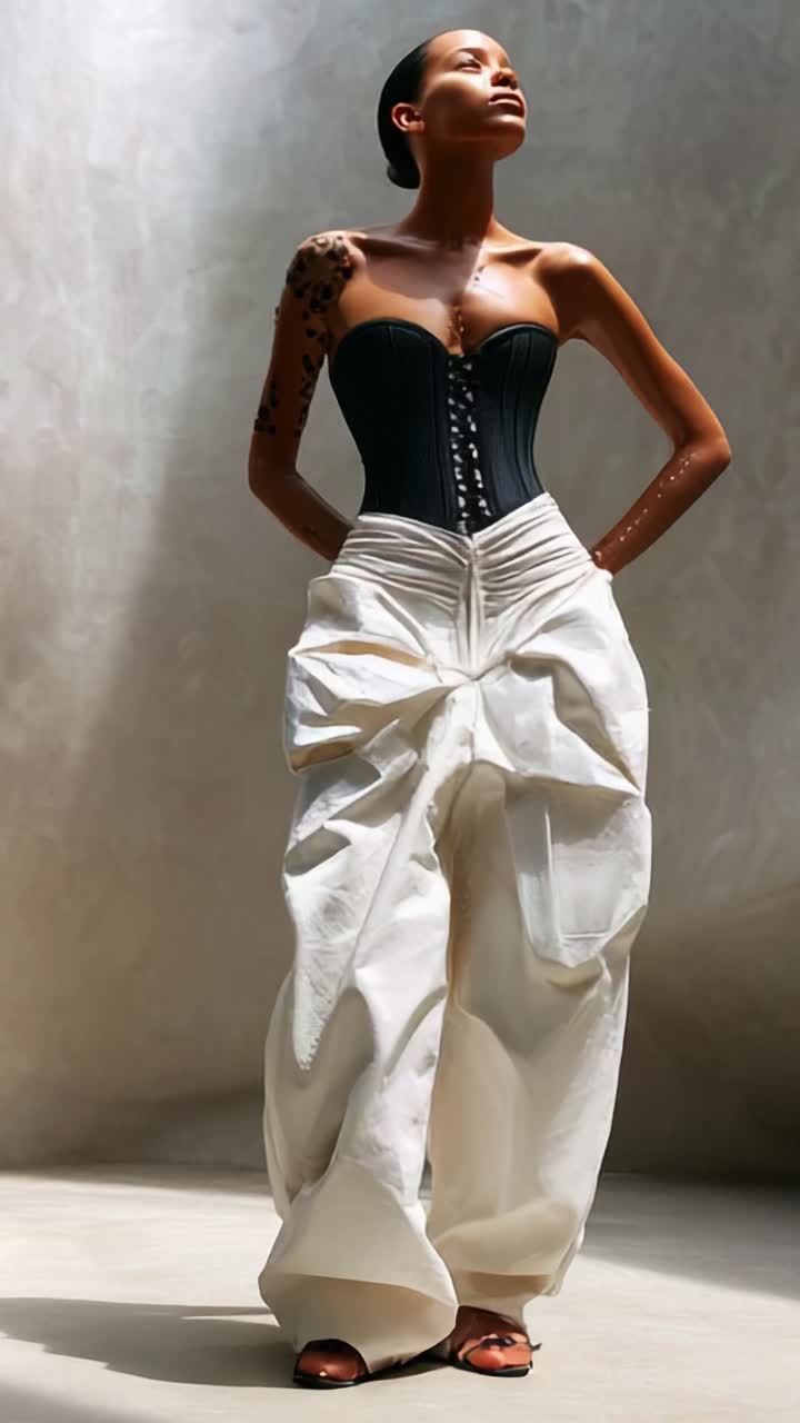 A striking fashion display featuring an elegant model adorned in a black corset top and avant-garde white pants, showcasing modern aesthetics and style