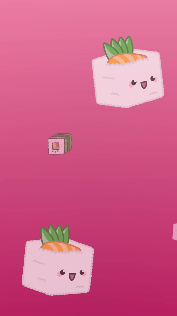 Animação de sushi de desenho animado variado flutuando em fundo rosa