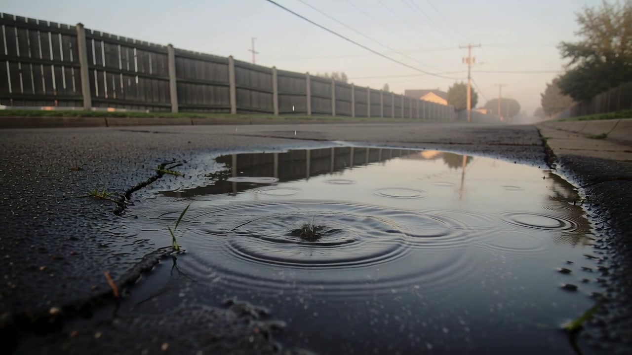 Falling droplet striking shallow puddle on residential street, producing crown and ripples