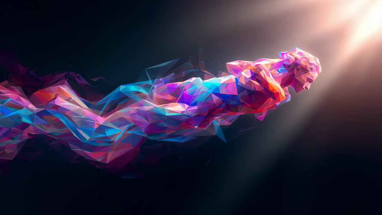 Umanoide colorato che scivola verso una luce calda che si intensifica nel vuoto scuro, con schegge dietro di sé