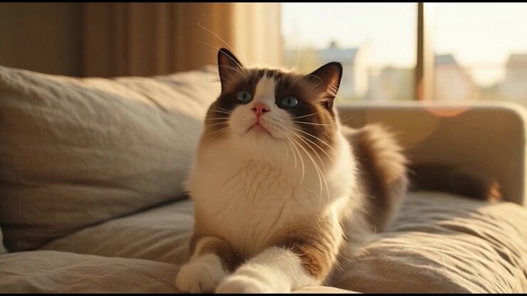 Ragdoll Cat Stretching and Resting on a Comfortable Sofa