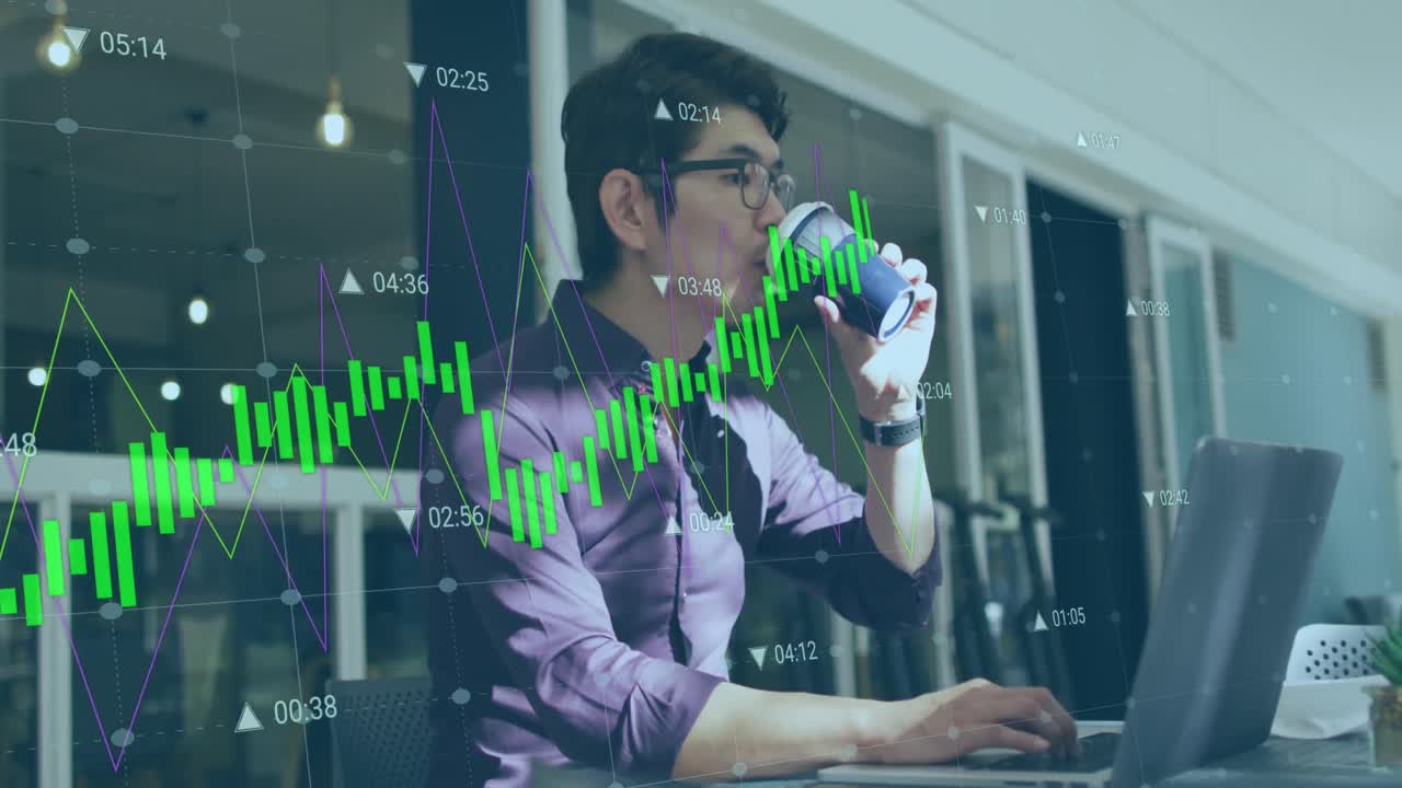 Animation of data processing against asian man drinking coffee while using laptop at a cafe