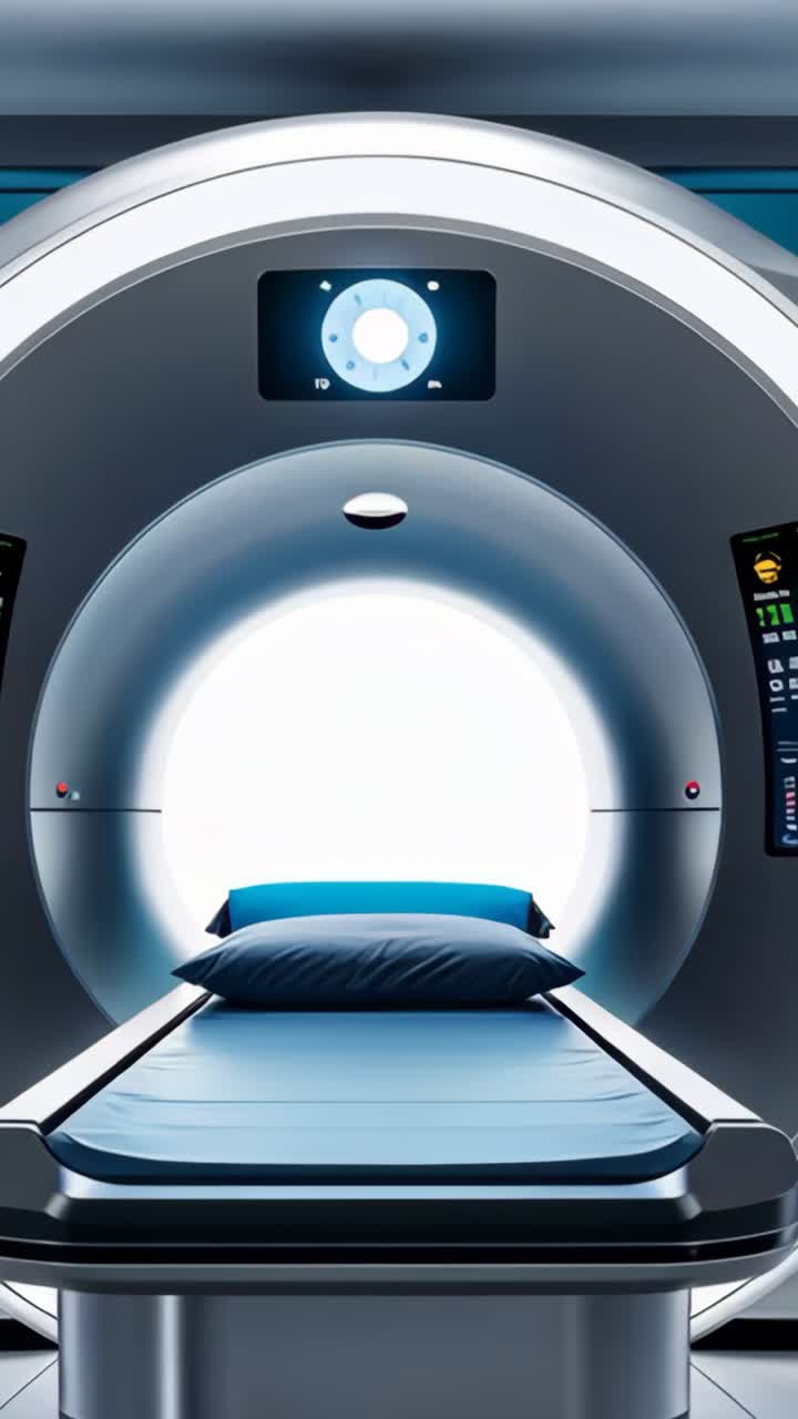 Vertical video: Powering up CT scanner gantry rotating in CT bay, with display lighting for scan