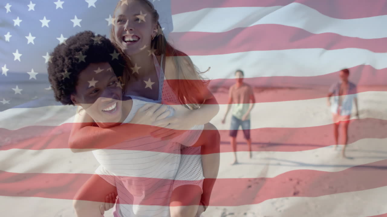 animación de la bandera de los ee.uu. sobre diversos amigos caminando por la playa