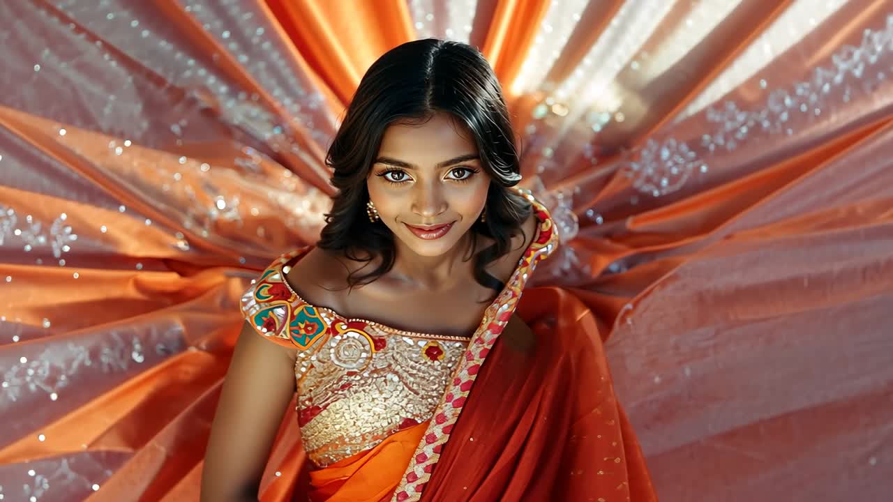 Kameraet beveger seg nærmere, kvinne i oransje sari holder blikket, smiler med plissert pallu for studioopptak