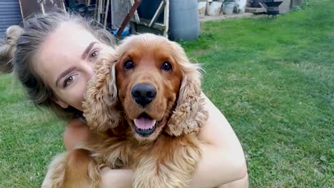 young girl hugging english cocker spaniel dog on a green lawn