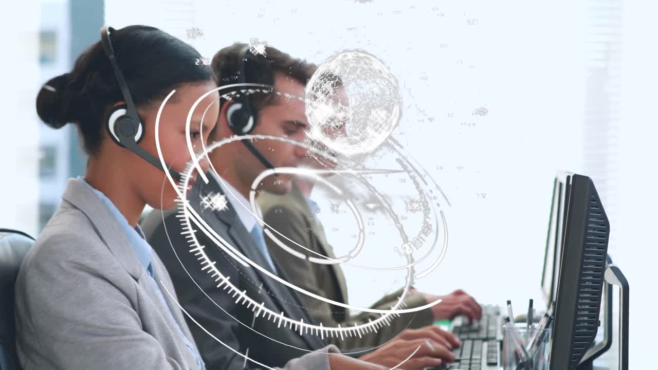 Animation of network of connections over happy diverse office workers wearing headsets
