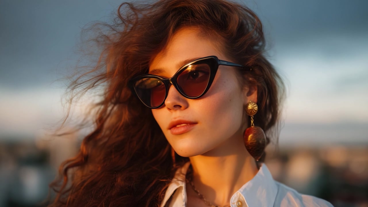 Captivating Portrait of a Young Woman with Curly Hair and Stylish Sunglasses Against a Dramatic Sunset, Exuding a Sense of Confidence and Elegance