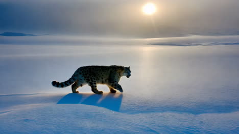 snow leopard walking across a snowy landscape