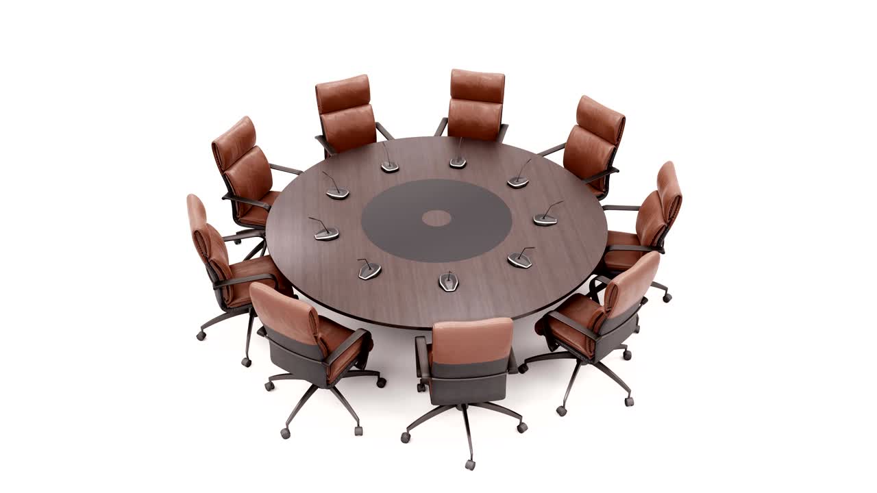mesa de conferencias redonda sobre fondo blanco gira 360 grados. vista superior.