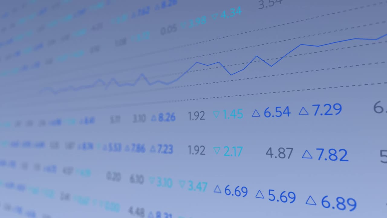 animación de datos financieros y gráficos sobre un fondo azul