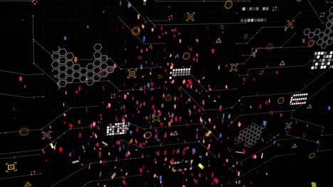animación de procesamiento de datos y confeti sobre fondo negro