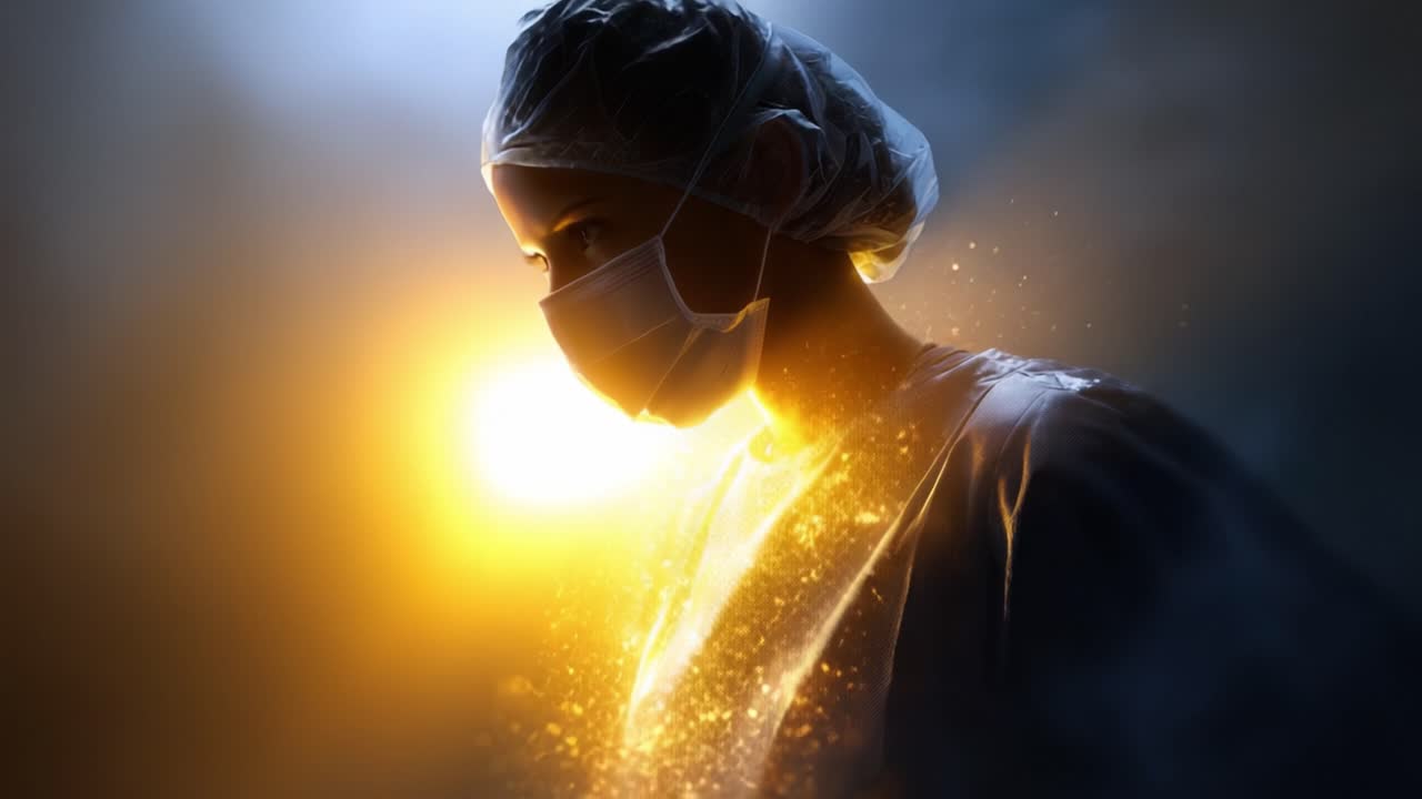 A Resilient Healthcare Worker Wearing Protective Gear, Surrounded by Glowing Light, Represents Strength and Commitment in Healthcare Amidst Challenging Times