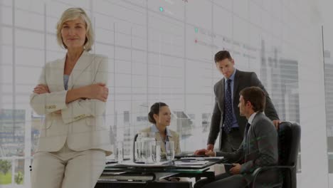 animation of stock market data processing over caucasian senior businesswoman standing in office