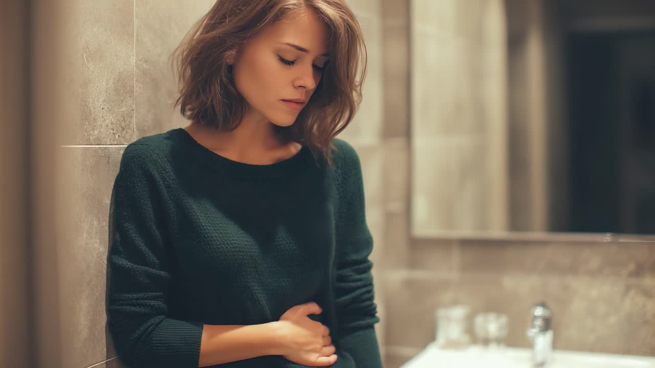 A Moment of Distress: A Young Woman's Contemplative Expression in a Bathroom Setting, Grappling with Personal Struggles or Health Issues Amidst Reflection