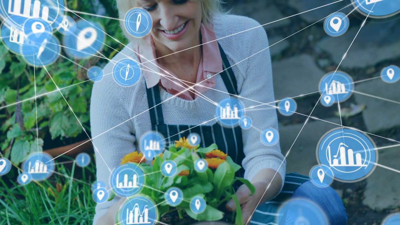 Gardener gardening, hands multiplying blue nodes, camera rising, lifting pot showing plant data