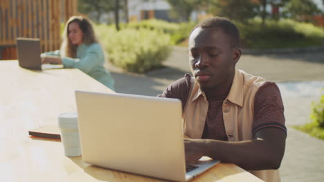 freelancer afroamericano trabajando en una computadora portátil en un parque