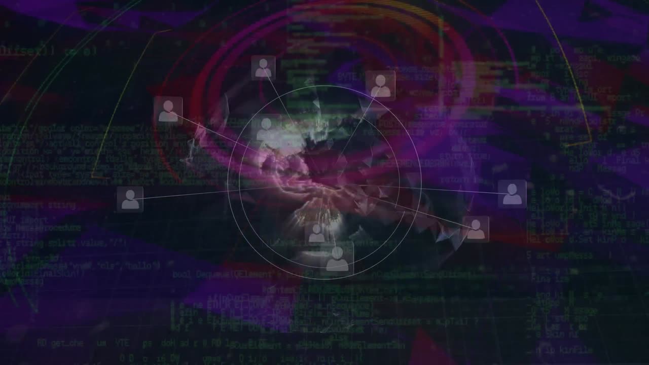 animación de la red en movimiento de iconos de personas y globo y procesamiento de datos en fondo oscuro
