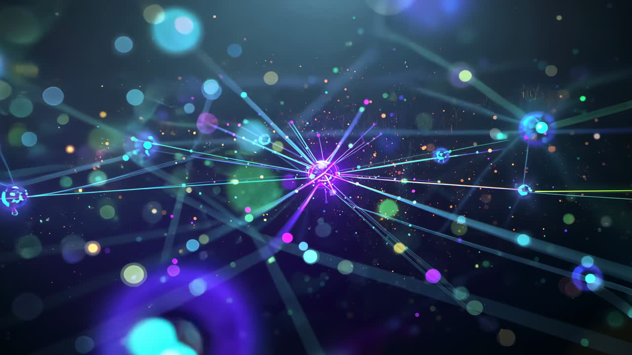 Pulsing central node sending ripples through cyan beams in digital space, orbs drifting with sparks