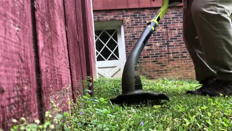 man trimming weeds around house yard work