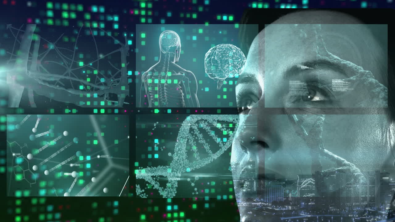 female scientist analyzing medical tech montage with neural structures skeleton overlay DNA helix