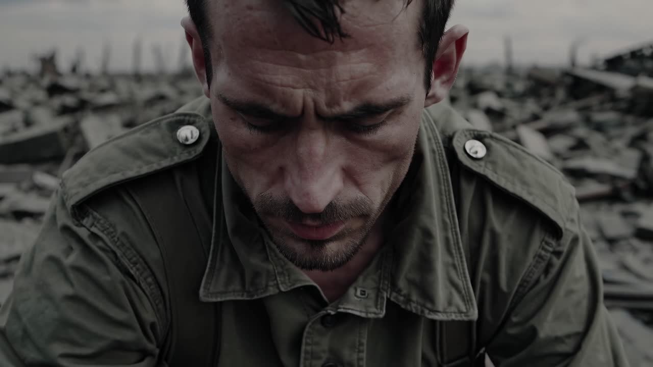 Traumatized military personnel sitting amid war ravaged urban landscape, smoke drifting over collapsed buildings, displaying psychological aftermath of conflict
