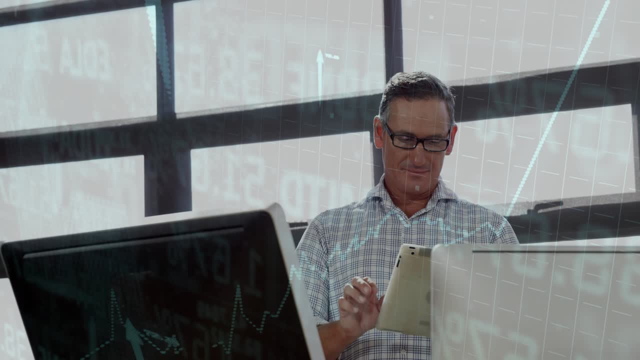 Finance analyst tapping touchscreen tablet reviewing data and activating charts with rising arrows