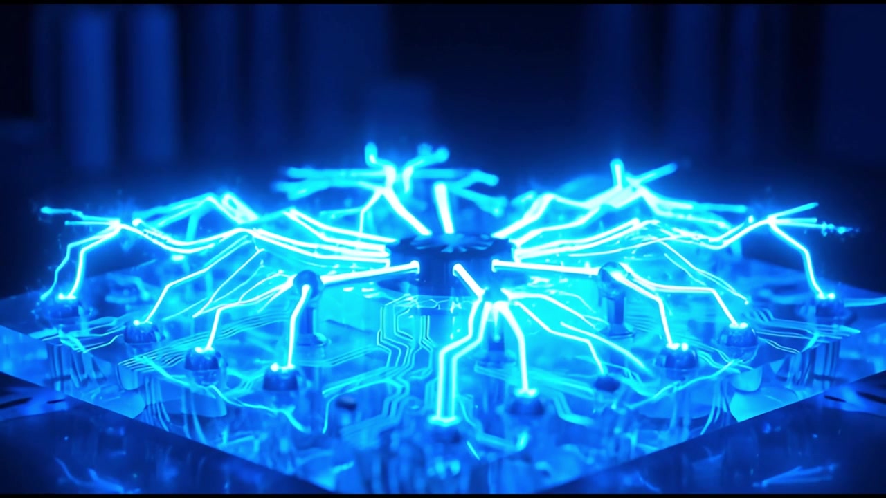 Scheda di circuito futuristica con archi elettrici blu e flusso di energia