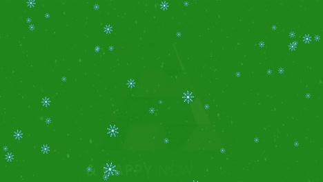 animación de iconos de copos de nieve cayendo sobre el icono del árbol de navidad giratorio contra un fondo verde.