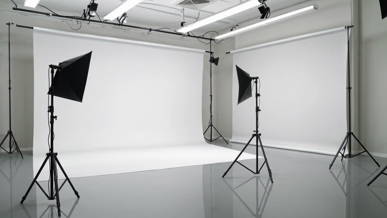 Vidvinkelbillede af et professionelt fotostudie med softbox-lys og en hvid baggrund