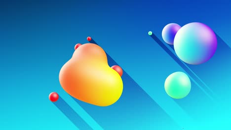 multi-colored balls or bubbles with popular gradient colors and in subsurface glow material fly in the air merge like drops metaballs, spheres casting long shadows. 4k seamless looped background