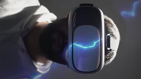 Person-wear-VR-glasses-with-lightning-overlay,-vertical-view