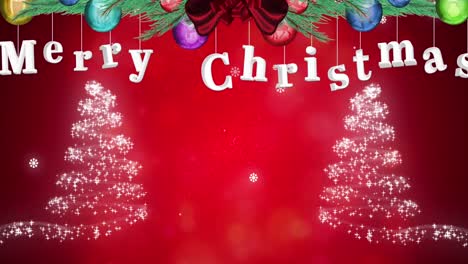 Animation-Eines-Tannenbaums-Mit-Fröhlichem-Weihnachtstext-über-Fallendem-Schnee-Und-Bäumen-Auf-Rotem-Hintergrund